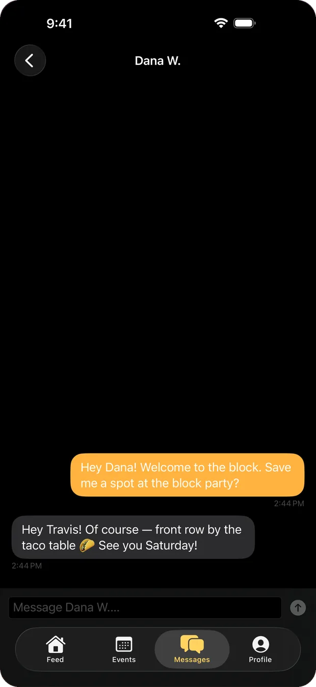 A direct message conversation between two neighbors.