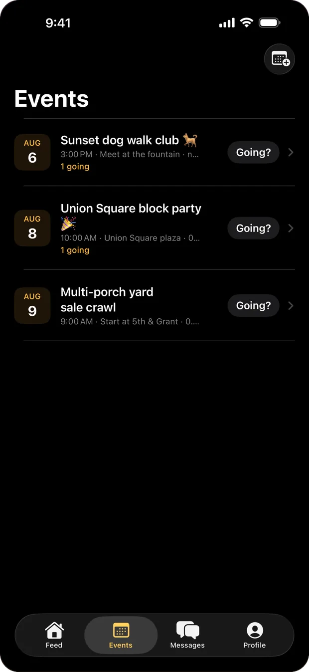 A list of upcoming neighborhood events, each with a one-tap RSVP button.