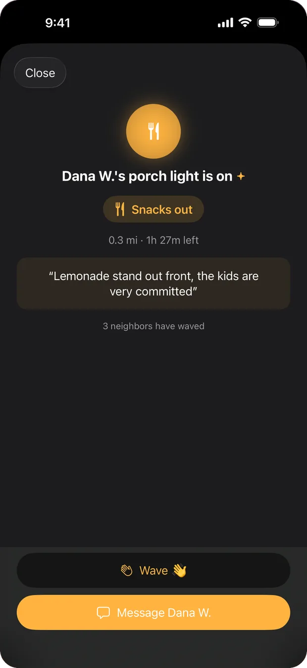 A neighbor's lit porch light offering lemonade, with Wave and Message buttons underneath.